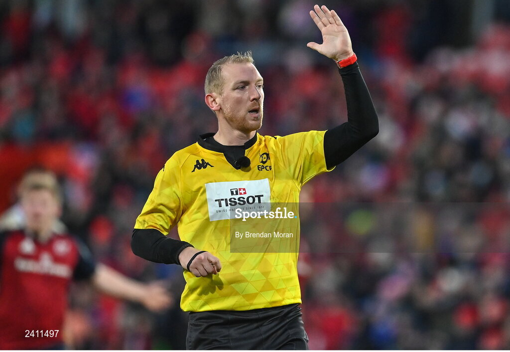 14 January 2023; Referee Tual Trainini during the Heineken Champions Cup Pool B Round 3 match between Munster and Northampton Saints at Thomond Park in Limerick. Photo by Brendan Moran/Sportsfile