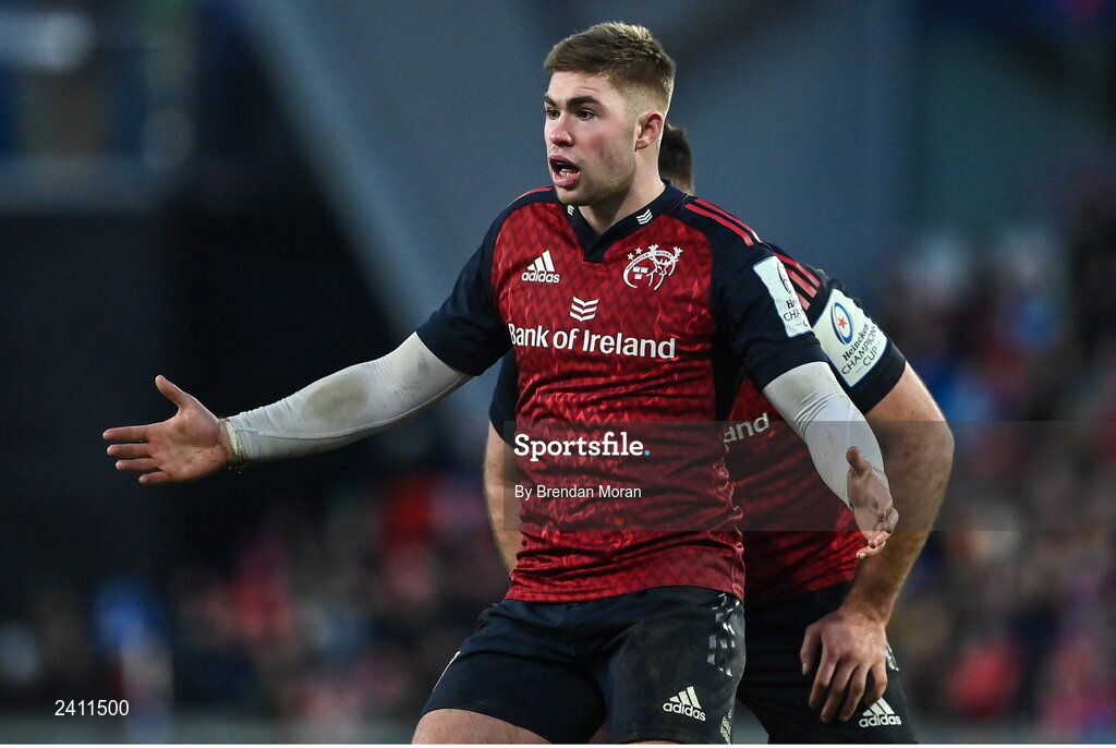 14 January 2023; Jack Crowley of Munster during the Heineken Champions Cup Pool B Round 3 match between Munster and Northampton Saints at Thomond Park in Limerick. Photo by Brendan Moran/Sportsfile