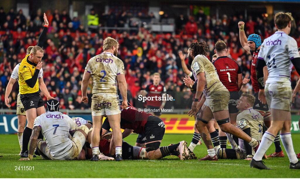 14 January 2023; Referee Tual Trainini signals a try for Gavin Coombes of Munster during the Heineken Champions Cup Pool B Round 3 match between Munster and Northampton Saints at Thomond Park in Limerick. Photo by Brendan Moran/Sportsfile