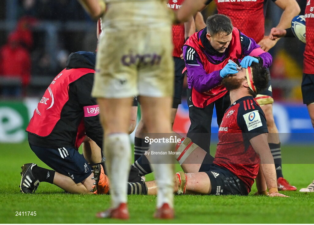 14 January 2023; Jean Kleyn of Munster receives medical attention during the Heineken Champions Cup Pool B Round 3 match between Munster and Northampton Saints at Thomond Park in Limerick. Photo by Brendan Moran/Sportsfile