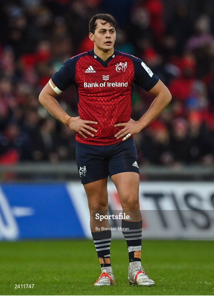 14 January 2023; Antoine Frisch of Munster during the Heineken Champions Cup Pool B Round 3 match between Munster and Northampton Saints at Thomond Park in Limerick. Photo by Brendan Moran/Sportsfile