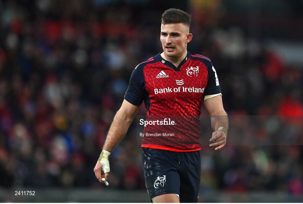 14 January 2023; Shane Daly of Munster during the Heineken Champions Cup Pool B Round 3 match between Munster and Northampton Saints at Thomond Park in Limerick. Photo by Brendan Moran/Sportsfile