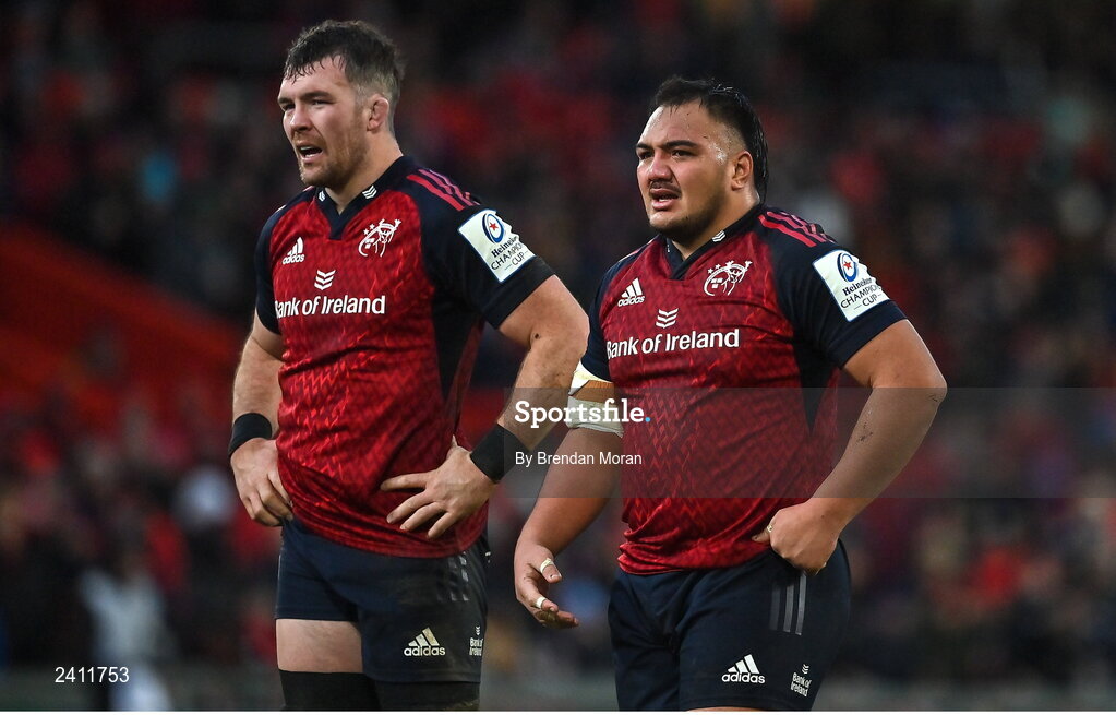 14 January 2023; Roman Salanoa, right, and Peter O’Mahony of Munster during the Heineken Champions Cup Pool B Round 3 match between Munster and Northampton Saints at Thomond Park in Limerick. Photo by Brendan Moran/Sportsfile