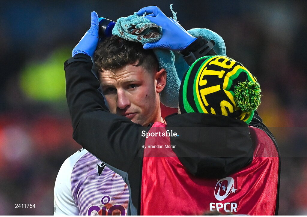 14 January 2023; Fraser Dingwall of Northampton Saints receives medical attention for a blood injury during the Heineken Champions Cup Pool B Round 3 match between Munster and Northampton Saints at Thomond Park in Limerick. Photo by Brendan Moran/Sportsfile