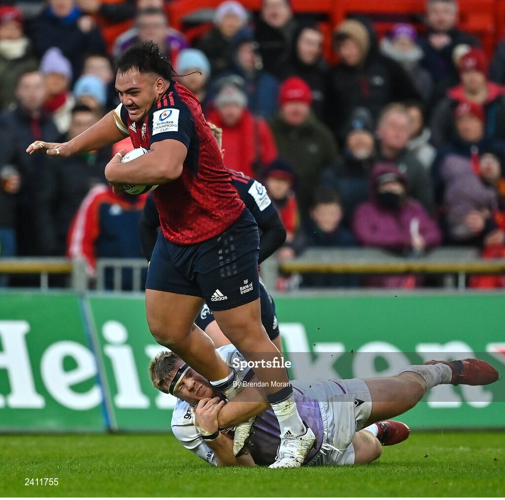 14 January 2023; Roman Salanoa of Munster is tackled by Paul Hill of Northampton Saints during the Heineken Champions Cup Pool B Round 3 match between Munster and Northampton Saints at Thomond Park in Limerick. Photo by Brendan Moran/Sportsfile
