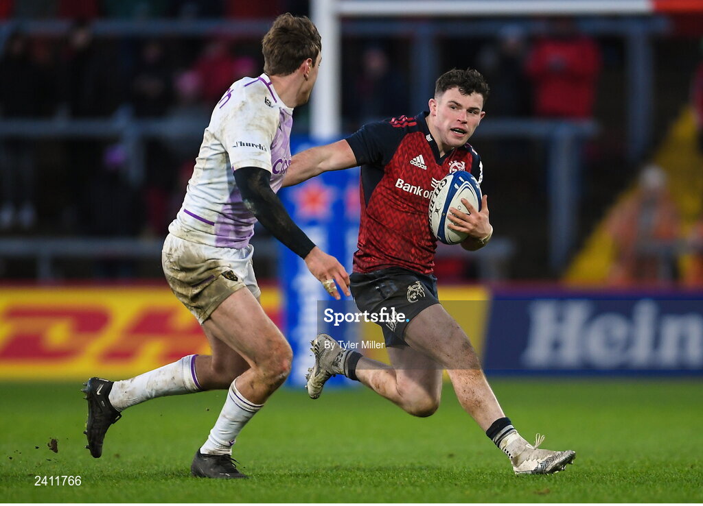 14 January 2023; Calvin Nash of Munster in action against James Ramm of Northampton Saints during the Heineken Champions Cup Pool B Round 3 match between Munster and Northampton Saints at Thomond Park in Limerick. Photo by Tyler Miller/Sportsfile