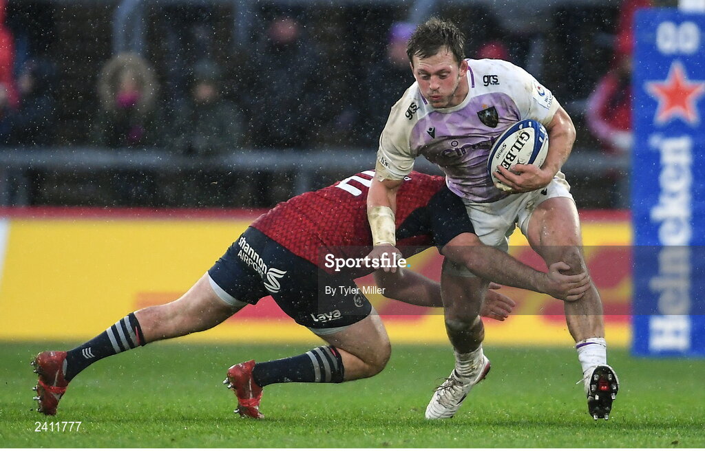 14 January 2023; Alex Waller of Northampton Saints is tackled by Niall Scannell of Munster during the Heineken Champions Cup Pool B Round 3 match between Munster and Northampton Saints at Thomond Park in Limerick. Photo by Tyler Miller/Sportsfile