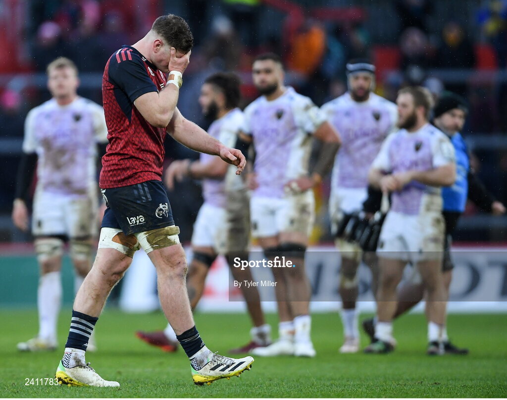 14 January 2023; Jack O’Donoghue of Munster leaves the pitch as he is shown a red card by referee Tual Trainini during the Heineken Champions Cup Pool B Round 3 match between Munster and Northampton Saints at Thomond Park in Limerick. Photo by Tyler Miller/Sportsfile
