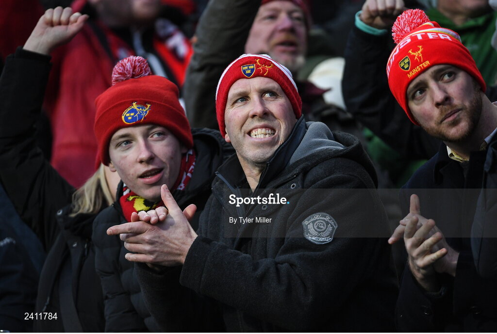 14 January 2023; Munster supporters celebrate a try during the Heineken Champions Cup Pool B Round 3 match between Munster and Northampton Saints at Thomond Park in Limerick. Photo by Tyler Miller/Sportsfile