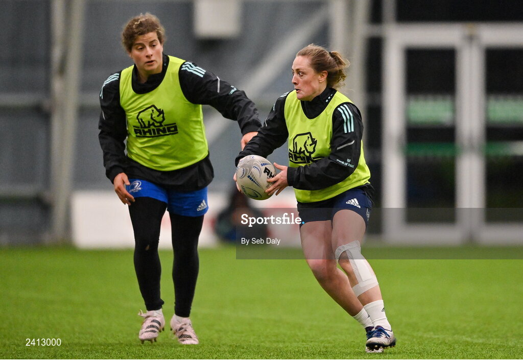 18 January 2023; Elise O'Byrne-White, right, and Jenny Murphy during a Leinster Rugby women's training session at the IRFU High Performance Centre on the Sport Ireland Campus in Dublin. Photo by Seb Daly/Sportsfile