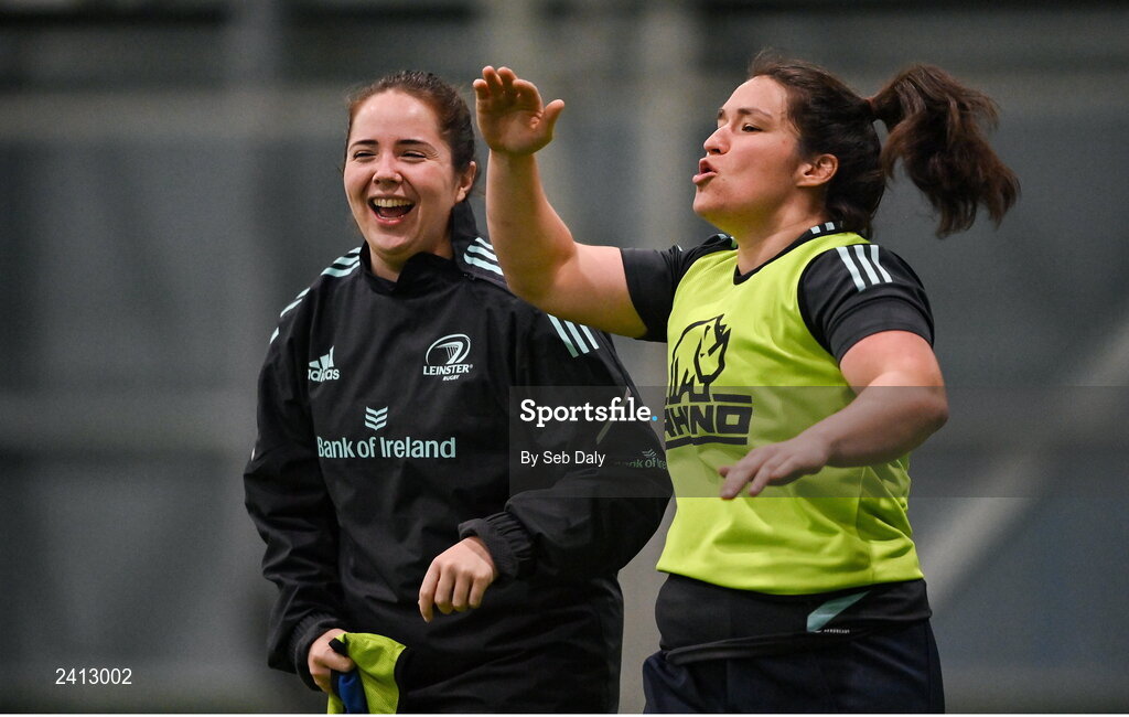 18 January 2023; Christy Haney, right, and Lisa Callan during a Leinster Rugby women's training session at the IRFU High Performance Centre on the Sport Ireland Campus in Dublin. Photo by Seb Daly/Sportsfile