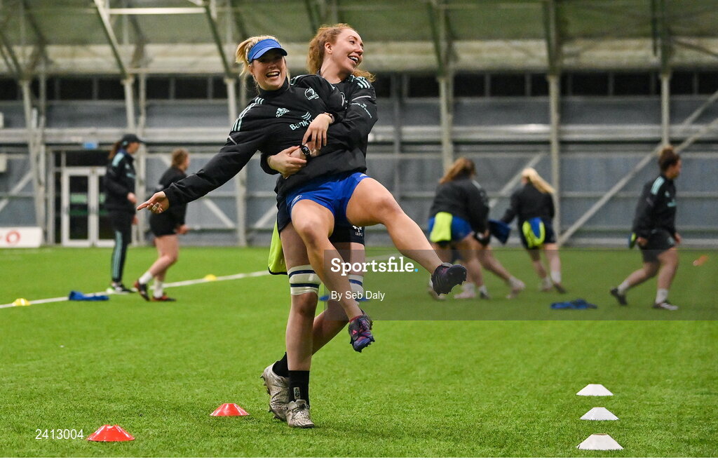 18 January 2023; Ailsa Hughes and Aoife McDermott during a Leinster Rugby women's training session at the IRFU High Performance Centre on the Sport Ireland Campus in Dublin. Photo by Seb Daly/Sportsfile
