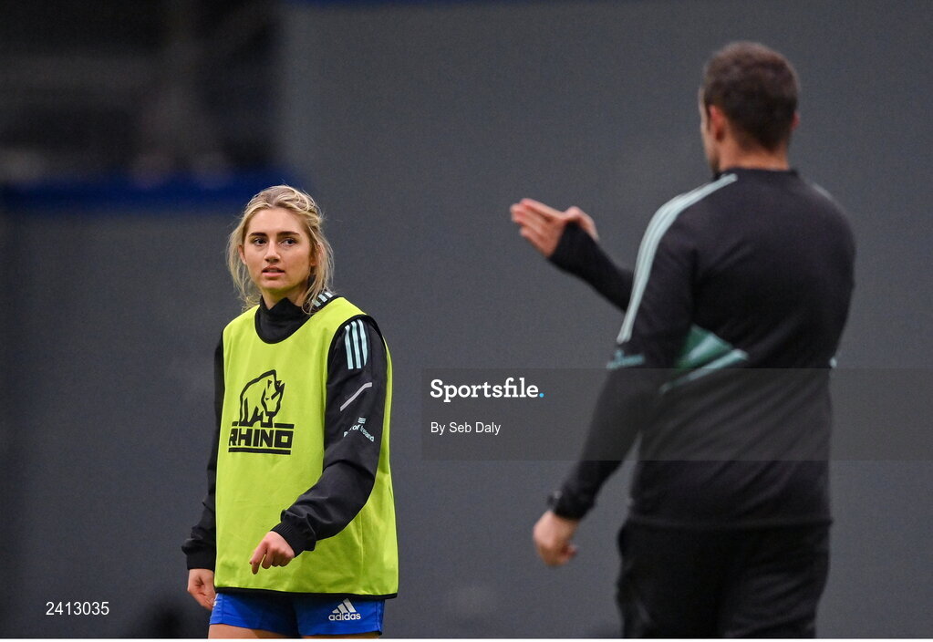 18 January 2023; Anna Doyle and strength and conditioning coach Gary Brown during a Leinster Rugby women's training session at the IRFU High Performance Centre on the Sport Ireland Campus in Dublin. Photo by Seb Daly/Sportsfile