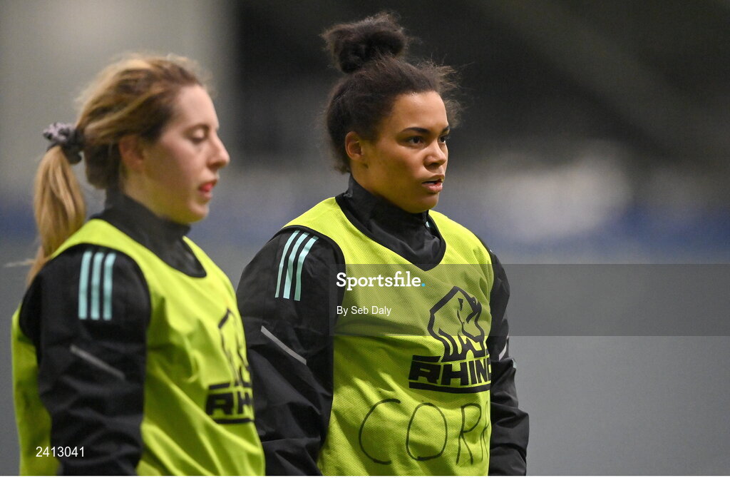 18 January 2023; Eimear Corri, right, during a Leinster Rugby women's training session at the IRFU High Performance Centre on the Sport Ireland Campus in Dublin. Photo by Seb Daly/Sportsfile