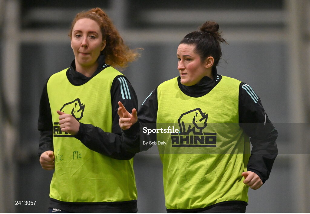 18 January 2023; Hannah O'Connor, right, and Aoife McDermott during a Leinster Rugby women's training session at the IRFU High Performance Centre on the Sport Ireland Campus in Dublin. Photo by Seb Daly/Sportsfile