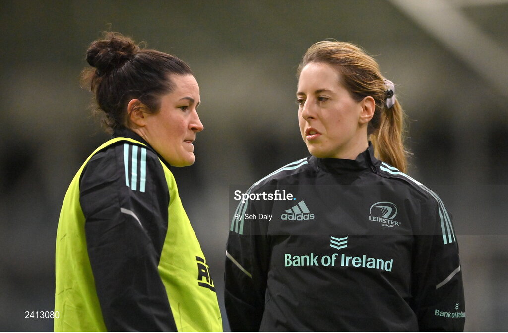18 January 2023; Hannah O'Connor, left, and  Emma Murphy during a Leinster Rugby women's training session at the IRFU High Performance Centre on the Sport Ireland Campus in Dublin. Photo by Seb Daly/Sportsfile