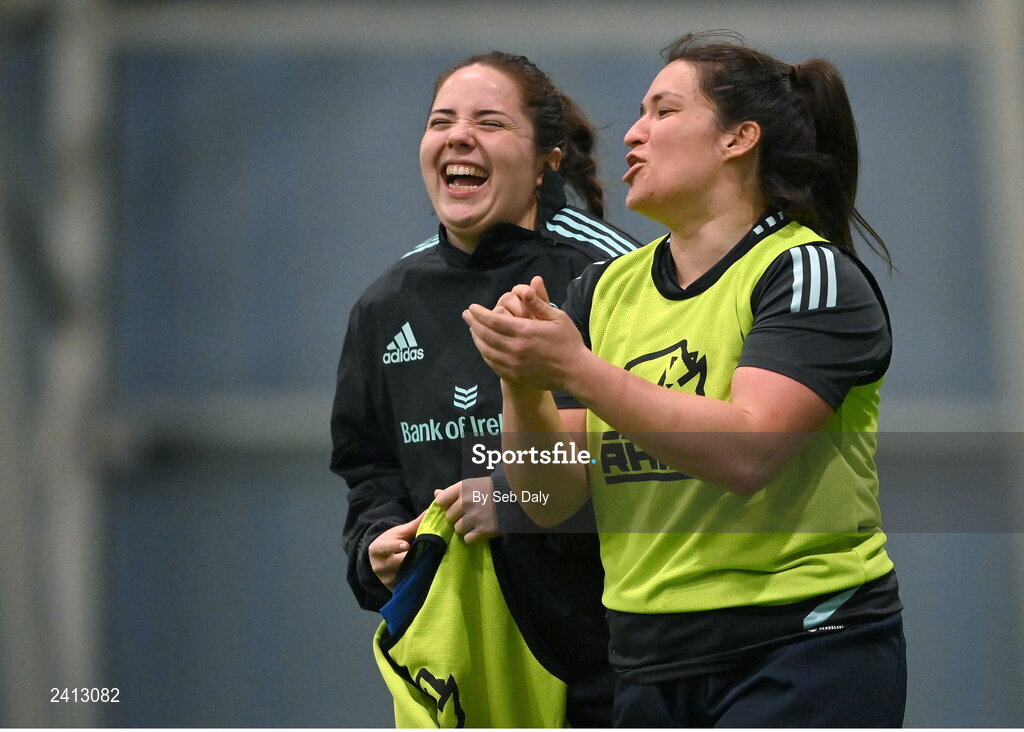 18 January 2023; Christy Haney, right, and Lisa Callan during a Leinster Rugby women's training session at the IRFU High Performance Centre on the Sport Ireland Campus in Dublin. Photo by Seb Daly/Sportsfile