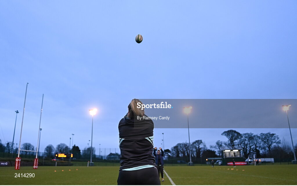 21 January 2023; Emma Hooban of Leinster before the Vodafone Women’s Interprovincial Championship Round Three match between Ulster and Leinster at Queen’s Sport in Belfast. Photo by Ramsey Cardy/Sportsfile