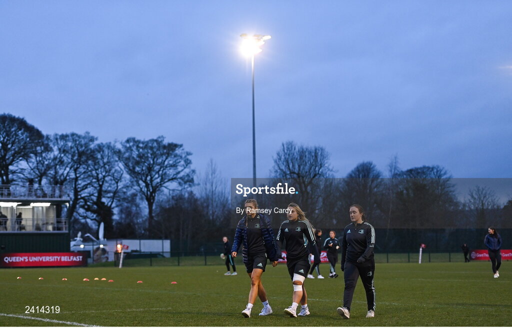 21 January 2023; Leinster players walk the pitch before the Vodafone Women’s Interprovincial Championship Round Three match between Ulster and Leinster at Queen’s Sport in Belfast. Photo by Ramsey Cardy/Sportsfile