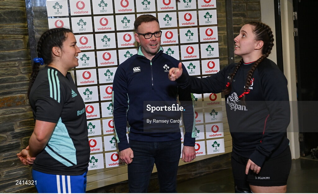 21 January 2023; Ulster captain Beth Cregan performs the coin toss, in the company of referee Shane Kiernans, and Leinster co-captain Christy Haney during the Vodafone Women’s Interprovincial Championship Round Three match between Ulster and Leinster at Queen’s Sport in Belfast. Photo by Ramsey Cardy/Sportsfile
