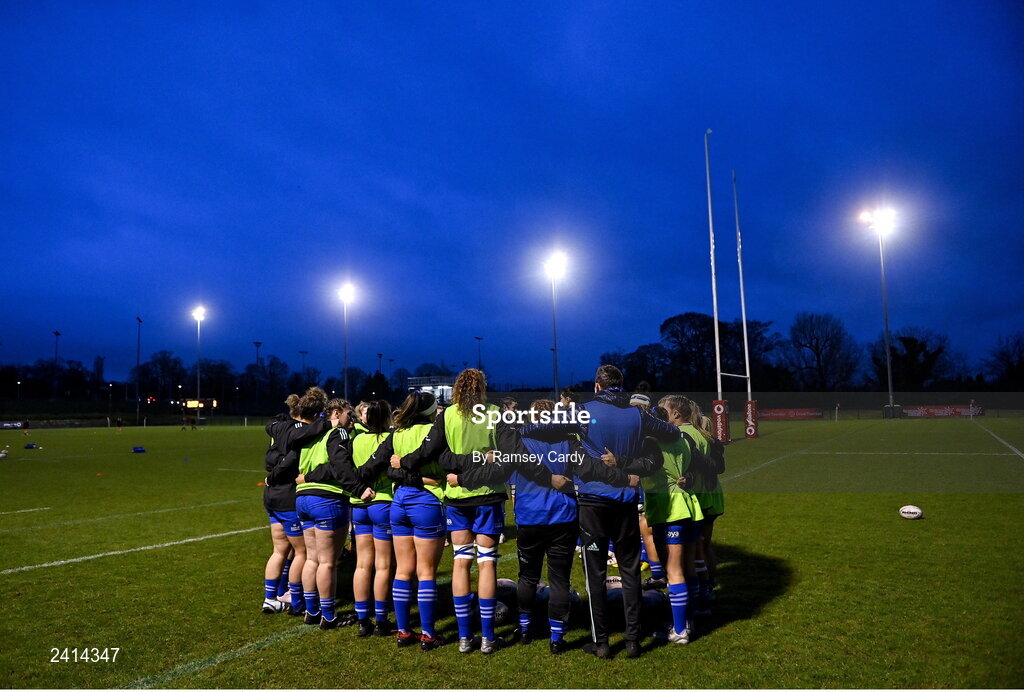 21 January 2023; The Leinster team huddle before the Vodafone Women’s Interprovincial Championship Round Three match between Ulster and Leinster at Queen’s Sport in Belfast. Photo by Ramsey Cardy/Sportsfile