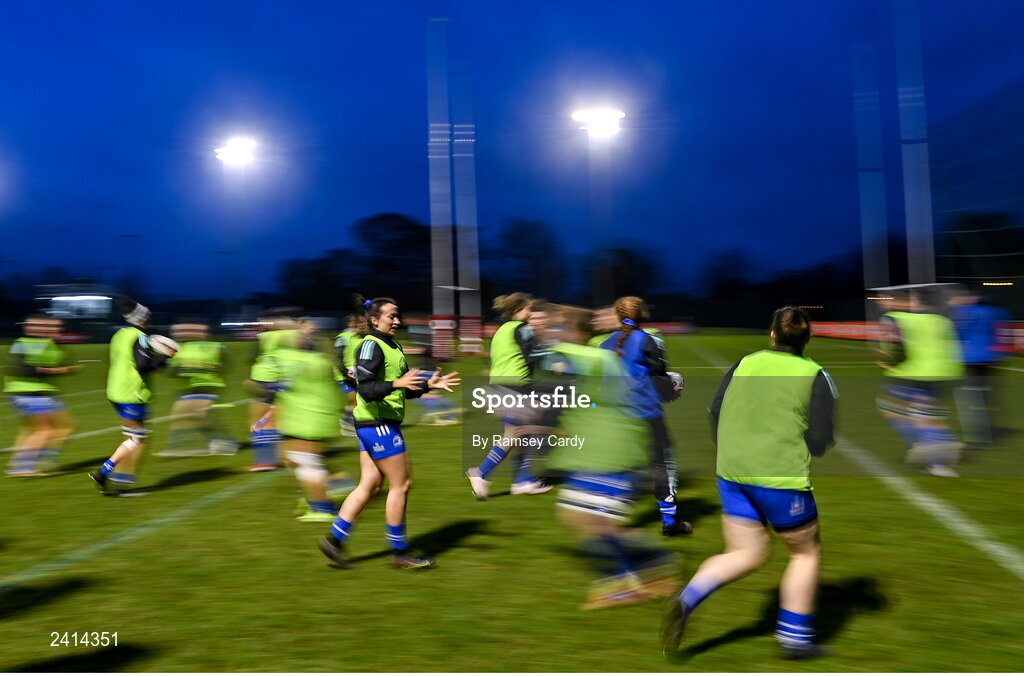 21 January 2023; The Leinster team warm-up before the Vodafone Women’s Interprovincial Championship Round Three match between Ulster and Leinster at Queen’s Sport in Belfast. Photo by Ramsey Cardy/Sportsfile
