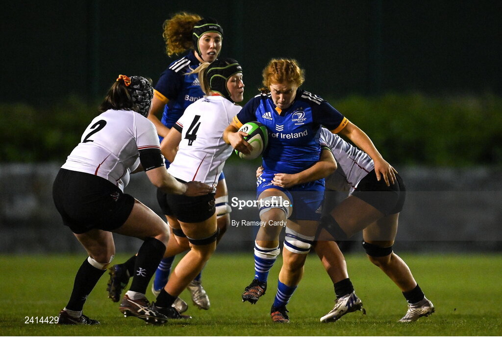 21 January 2023; Niamh O'Dowd of Leinster is tackled by India Daley of Ulster during the Vodafone Women’s Interprovincial Championship Round Three match between Ulster and Leinster at Queen’s Sport in Belfast. Photo by Ramsey Cardy/Sportsfile