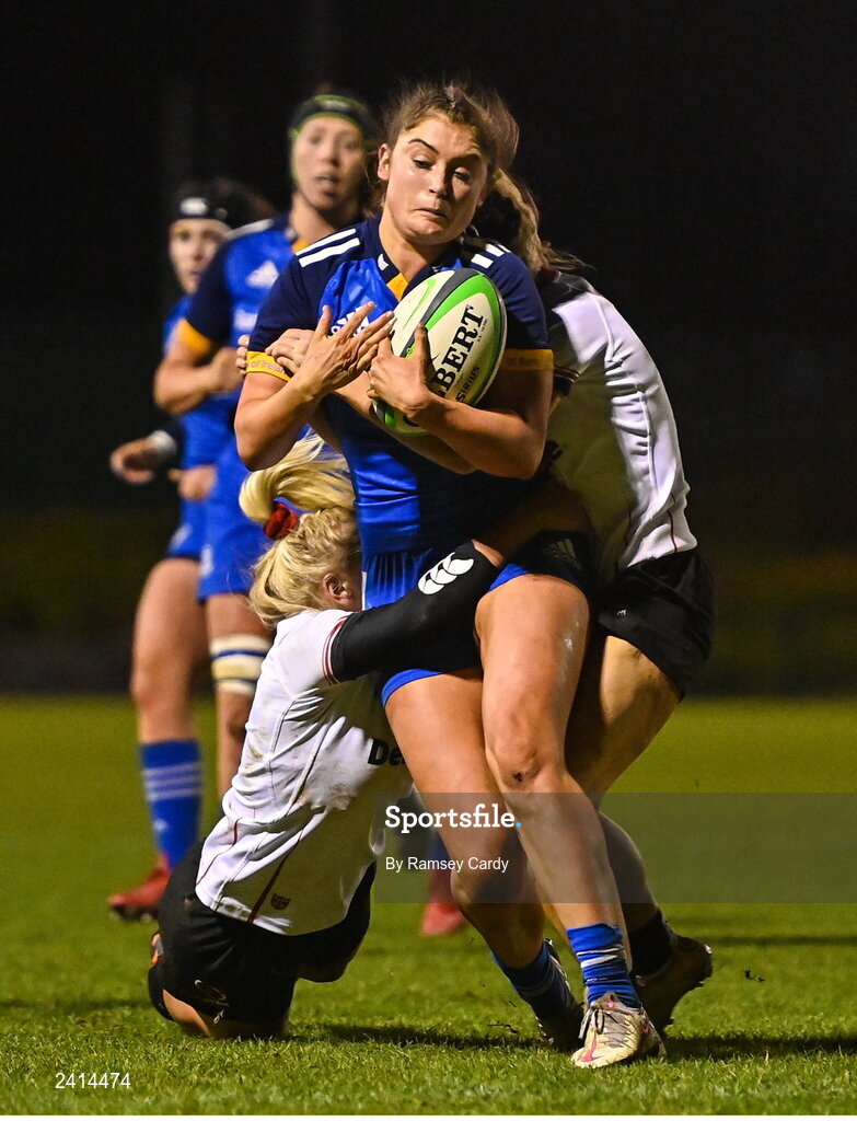 21 January 2023; Ella Roberts of Leinster is tackled by Rachael McIlroy of Ulster during the Vodafone Women’s Interprovincial Championship Round Three match between Ulster and Leinster at Queen’s Sport in Belfast. Photo by Ramsey Cardy/Sportsfile