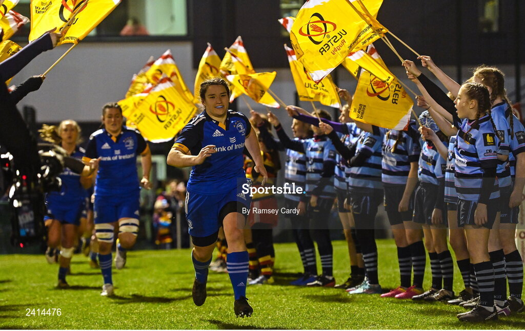 21 January 2023; Leinster captain Christy Haney leads her side out before the Vodafone Women’s Interprovincial Championship Round Three match between Ulster and Leinster at Queen’s Sport in Belfast. Photo by Ramsey Cardy/Sportsfile