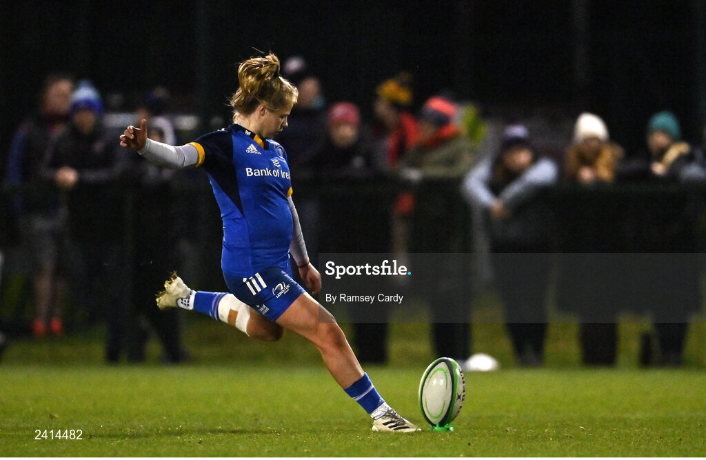 21 January 2023; Dannah O'Brien of Leinster kicks a conversion during the Vodafone Women’s Interprovincial Championship Round Three match between Ulster and Leinster at Queen’s Sport in Belfast. Photo by Ramsey Cardy/Sportsfile