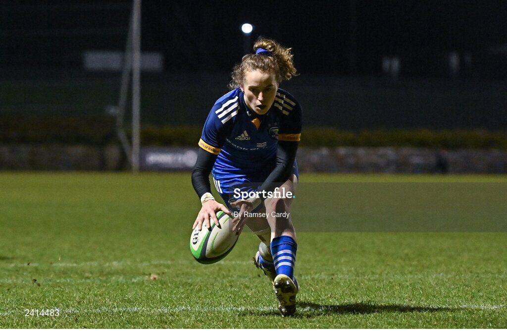 21 January 2023; Molly Scuffil McCabe of Leinster scores her side's third try during the Vodafone Women’s Interprovincial Championship Round Three match between Ulster and Leinster at Queen’s Sport in Belfast. Photo by Ramsey Cardy/Sportsfile