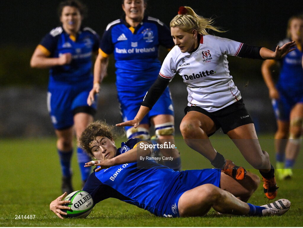 21 January 2023; Jenny Murphy of Leinster is tackled by Rachael McIlroy of Ulster during the Vodafone Women’s Interprovincial Championship Round Three match between Ulster and Leinster at Queen’s Sport in Belfast. Photo by Ramsey Cardy/Sportsfile