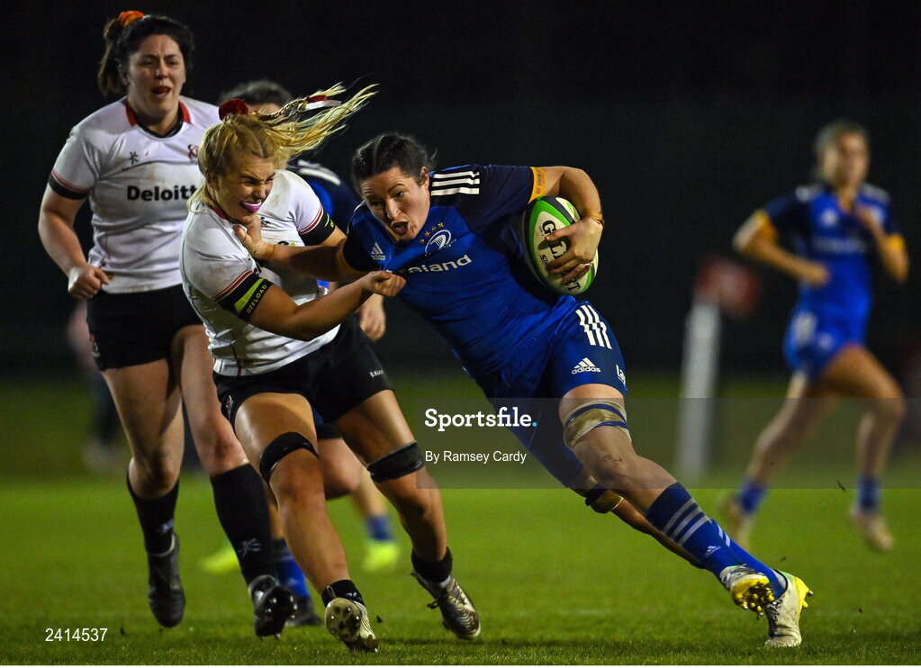 21 January 2023; Hannah O'Connor of Leinster is tackled by India Daley of Ulster during the Vodafone Women’s Interprovincial Championship Round Three match between Ulster and Leinster at Queen’s Sport in Belfast. Photo by Ramsey Cardy/Sportsfile