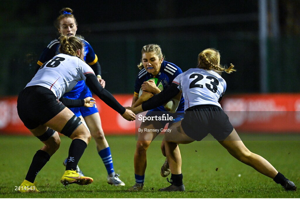 21 January 2023; Anna Doyle of Leinster is tackled by Fern Wilson of Ulster during the Vodafone Women’s Interprovincial Championship Round Three match between Ulster and Leinster at Queen’s Sport in Belfast. Photo by Ramsey Cardy/Sportsfile
