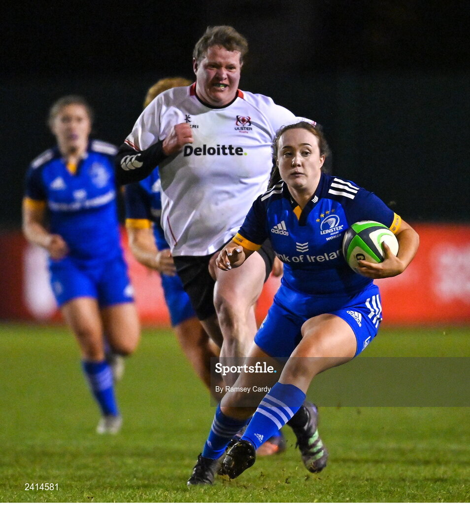 21 January 2023; Lisa Mullen of Leinster during the Vodafone Women’s Interprovincial Championship Round Three match between Ulster and Leinster at Queen’s Sport in Belfast. Photo by Ramsey Cardy/Sportsfile