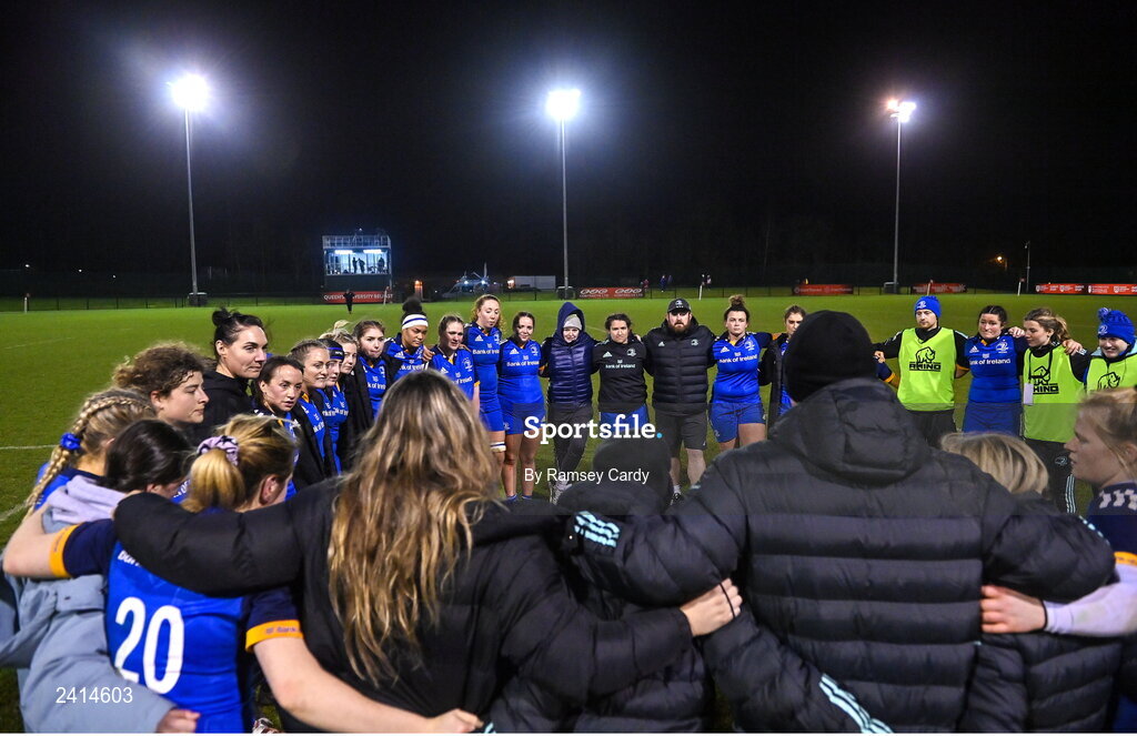 21 January 2023; The Leinster squad huddle after the Vodafone Women’s Interprovincial Championship Round Three match between Ulster and Leinster at Queen’s Sport in Belfast. Photo by Ramsey Cardy/Sportsfile