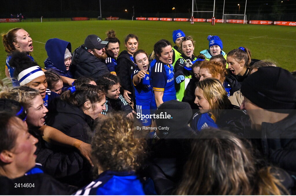 21 January 2023; The Leinster squad huddle after the Vodafone Women’s Interprovincial Championship Round Three match between Ulster and Leinster at Queen’s Sport in Belfast. Photo by Ramsey Cardy/Sportsfile