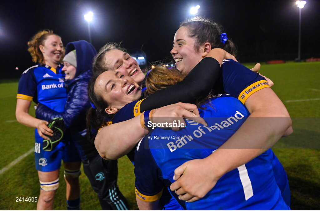 21 January 2023; Leinster players celebrate after the Vodafone Women’s Interprovincial Championship Round Three match between Ulster and Leinster at Queen’s Sport in Belfast. Photo by Ramsey Cardy/Sportsfile