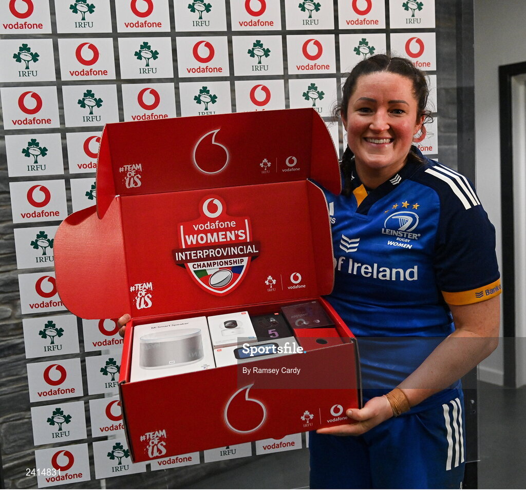 21 January 2023; Player of the match Hannah O'Connor of Leinster after the Vodafone Women’s Interprovincial Championship Round Three match between Ulster and Leinster at Queen’s Sport in Belfast. Photo by Ramsey Cardy/Sportsfile