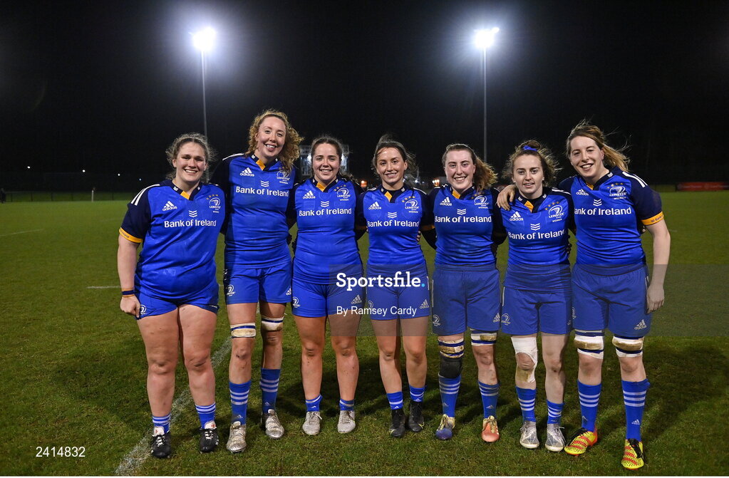 21 January 2023; Leinster and Railway Union players after the Vodafone Women’s Interprovincial Championship Round Three match between Ulster and Leinster at Queen’s Sport in Belfast. Photo by Ramsey Cardy/Sportsfile
