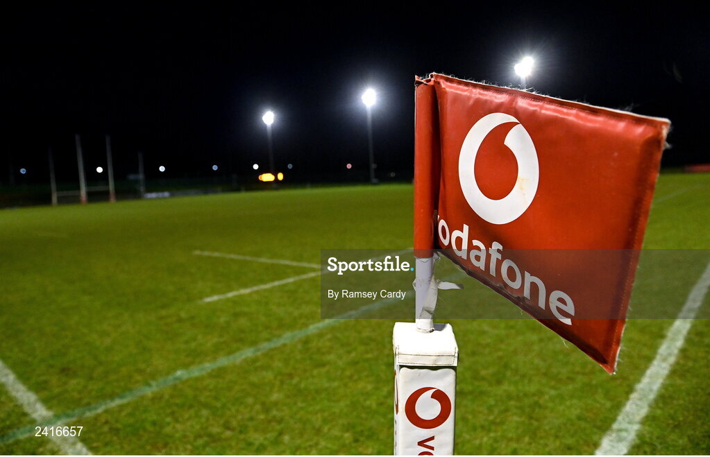 21 January 2023; A general view of a corner flag before the Vodafone Women’s Interprovincial Championship Round Three match between Ulster and Leinster at Queen’s Sport in Belfast. Photo by Ramsey Cardy/Sportsfile