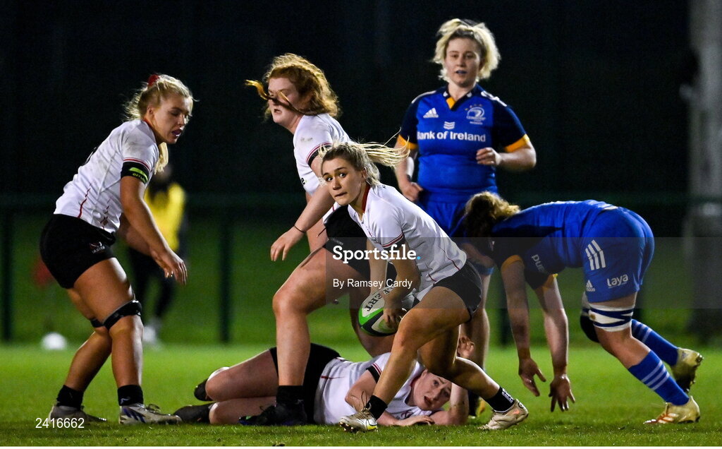 21 January 2023; Rachael McIlroy of Ulster during the Vodafone Women’s Interprovincial Championship Round Three match between Ulster and Leinster at Queen’s Sport in Belfast. Photo by Ramsey Cardy/Sportsfile