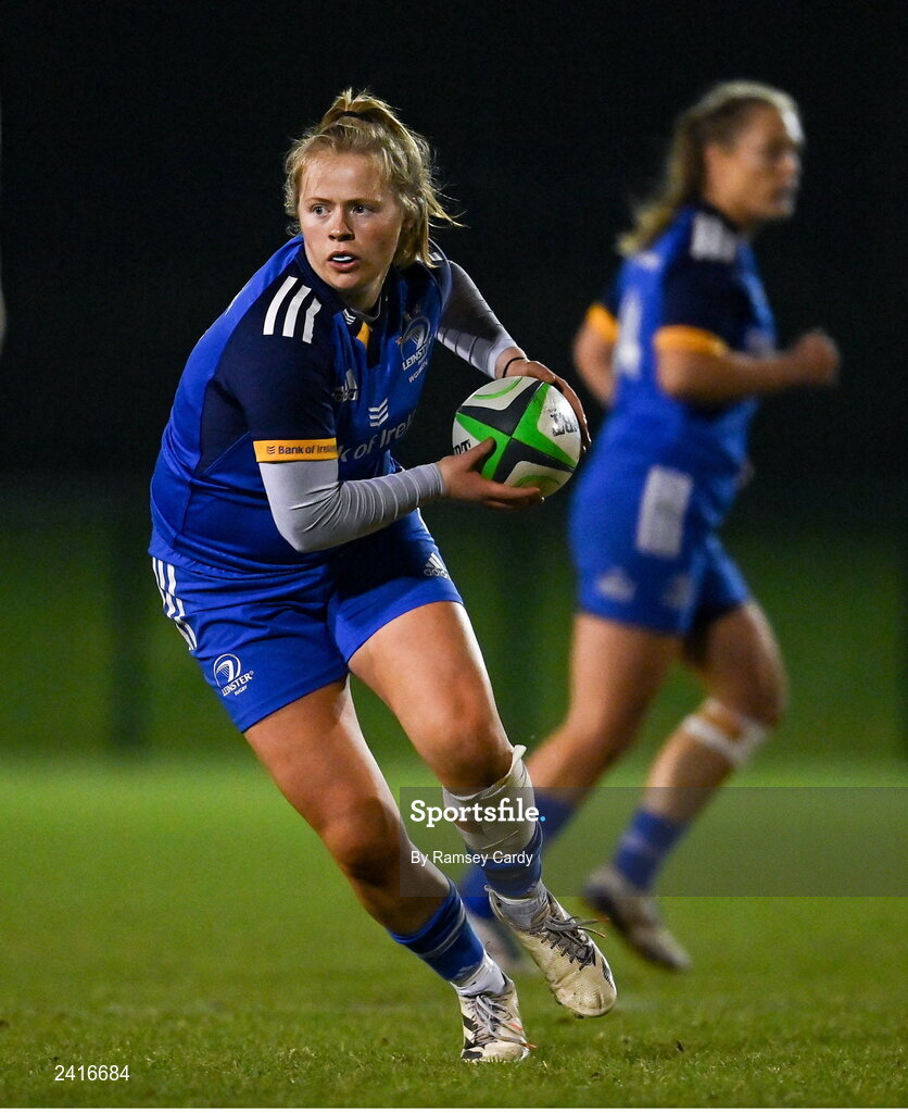 21 January 2023; Dannah O'Brien of Leinster during the Vodafone Women’s Interprovincial Championship Round Three match between Ulster and Leinster at Queen’s Sport in Belfast. Photo by Ramsey Cardy/Sportsfile