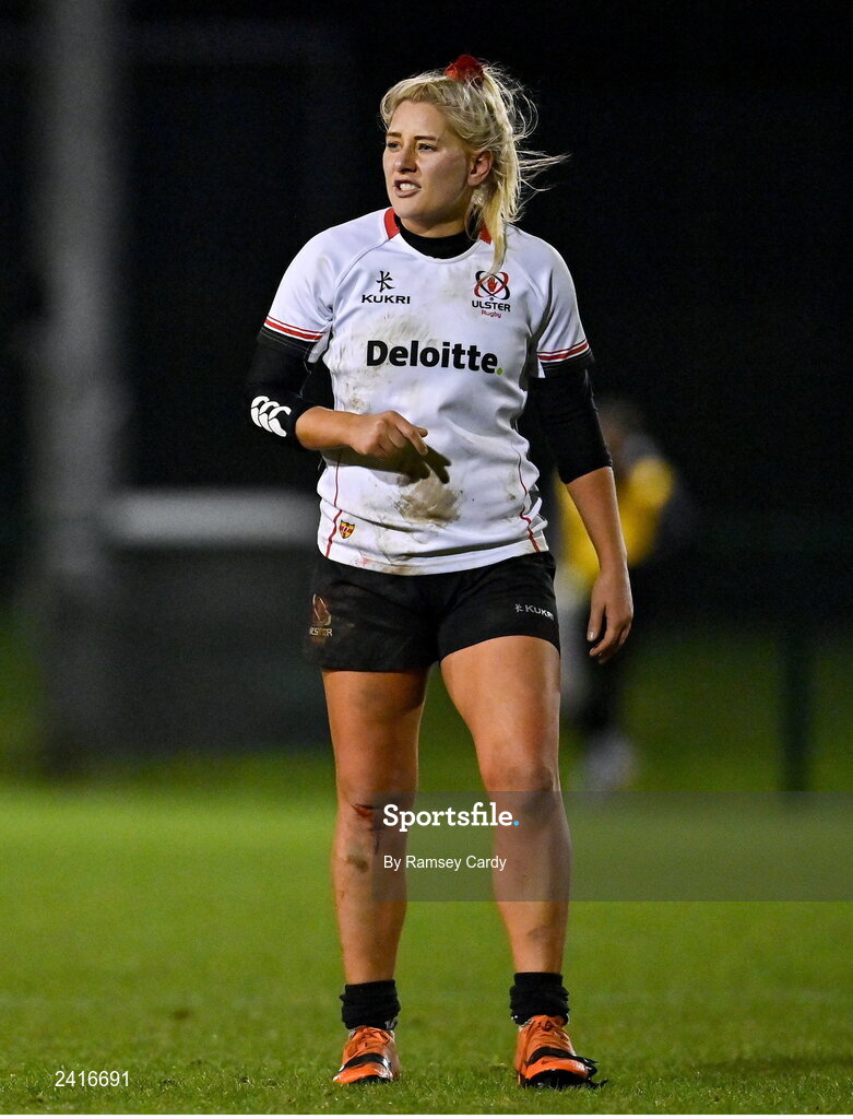 21 January 2023; Aoife Dalton of Leinster during the Vodafone Women’s Interprovincial Championship Round Three match between Ulster and Leinster at Queen’s Sport in Belfast. Photo by Ramsey Cardy/Sportsfile