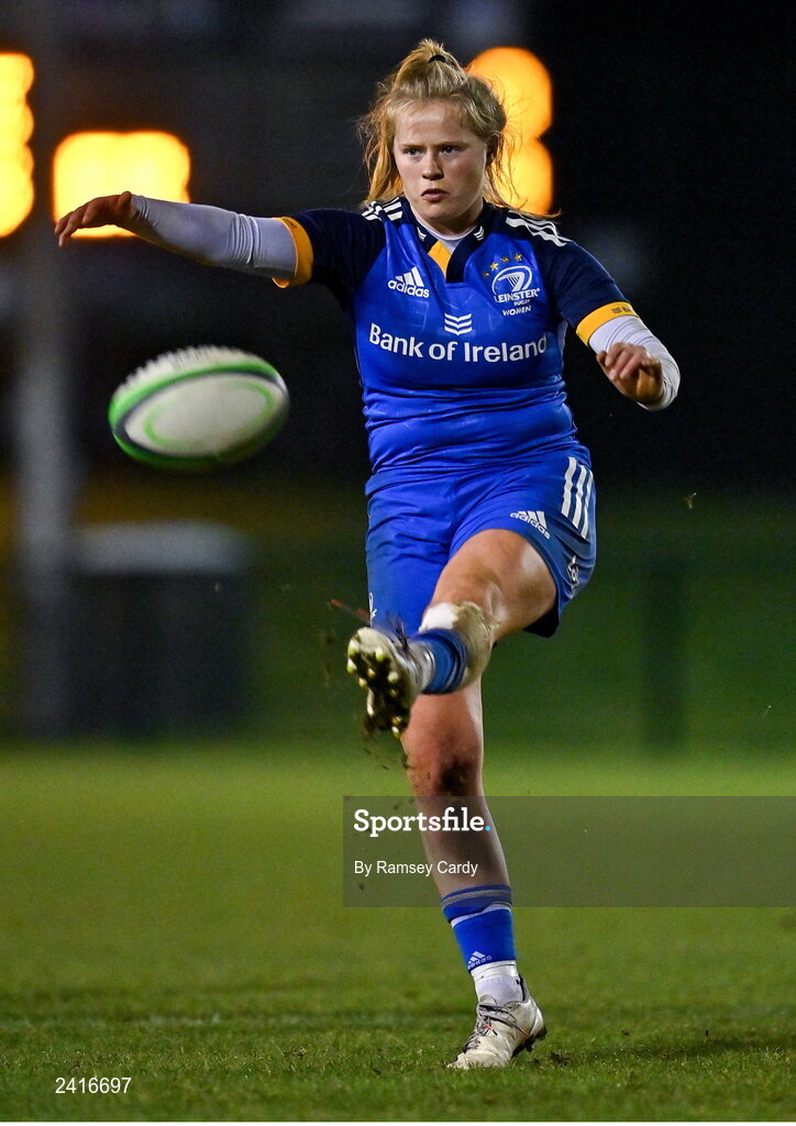 21 January 2023; Dannah O'Brien of Leinster during the Vodafone Women’s Interprovincial Championship Round Three match between Ulster and Leinster at Queen’s Sport in Belfast. Photo by Ramsey Cardy/Sportsfile