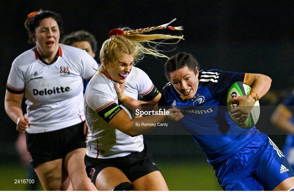 21 January 2023; Hannah O'Connor of Leinster is tackled by India Daley of Ulster during the Vodafone Women’s Interprovincial Championship Round Three match between Ulster and Leinster at Queen’s Sport in Belfast. Photo by Ramsey Cardy/Sportsfile
