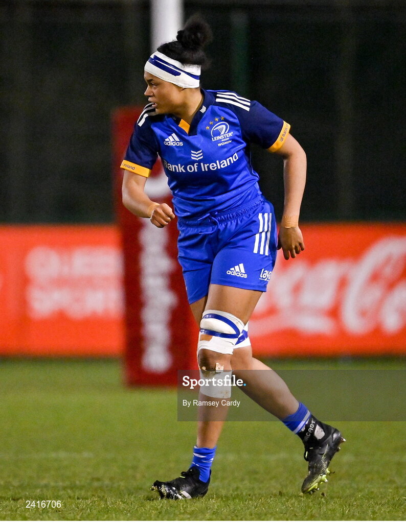 21 January 2023; Eimear Corri of Leinster during the Vodafone Women’s Interprovincial Championship Round Three match between Ulster and Leinster at Queen’s Sport in Belfast. Photo by Ramsey Cardy/Sportsfile