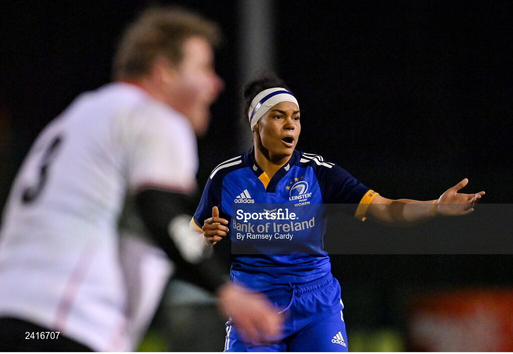 21 January 2023; Eimear Corri of Leinster during the Vodafone Women’s Interprovincial Championship Round Three match between Ulster and Leinster at Queen’s Sport in Belfast. Photo by Ramsey Cardy/Sportsfile