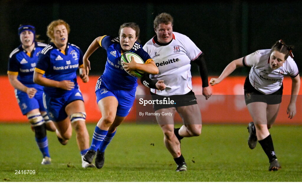 21 January 2023; Lisa Mullen of Leinster during the Vodafone Women’s Interprovincial Championship Round Three match between Ulster and Leinster at Queen’s Sport in Belfast. Photo by Ramsey Cardy/Sportsfile