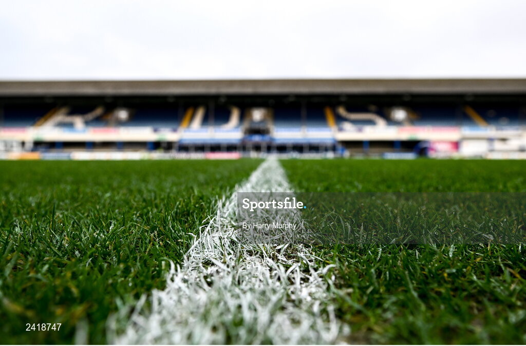 28 January 2023; A detailed view of painted grass before the United Rugby Championship match between Leinster and Cardiff at RDS Arena in Dublin. Photo by Harry Murphy/Sportsfile